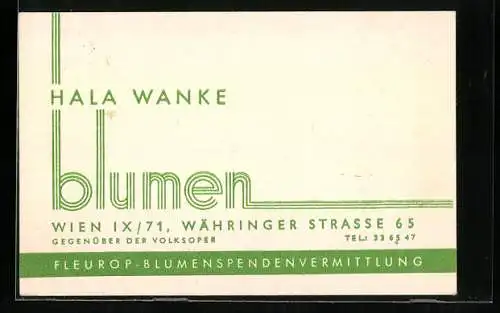 Vertreterkarte Wien, Blumen, Hala Wanke, Währinger Strasse 65, Fleurop Bulmenspendenvermittlung