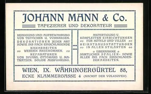 Vertreterkarte Wien, Tapezier und Dekoratuer, Johann Mann & Co., Währingergürtel 88