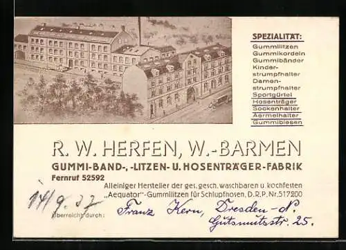 Vertreterkarte Wuppertal-Barmen, Gummi-Band-, Litzen- u. Hosenträger-Fabrik, R. W. Herfen, Blick auf das Werk