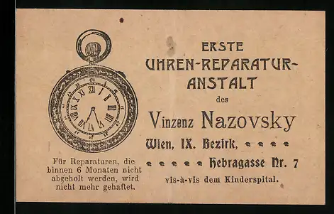 Vertreterkarte Wien, Erste Uhren-Reparatur-Anstalt, Vinzenz Nazovsky, Hebragasse 7