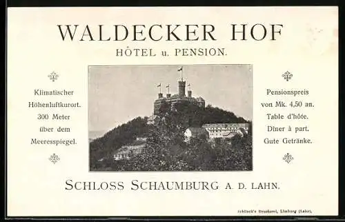 Vertreterkarte Schaumburg a. d. Lahn, Hotel u. Pension Waldecker Hof, Blick auf das Schloss Schaumburg