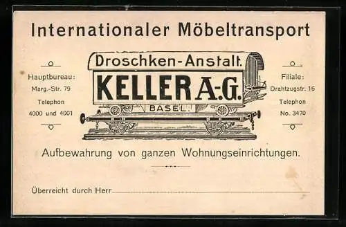 Vertreterkarte Basel, Internationale Möbeltransport, Droschken-Anstalt Keller A.G., Marg-Str. 79