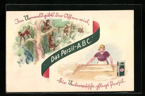 Vertreterkarte Persil, das Persil-ABC, Im Urwald bibts der Affen viel, die Unterwäsche pflegt Persil