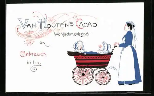 Vertreterkarte Van Houten`s Cacao, Kindermädchen mit Kinderwagen, nach F. Schön