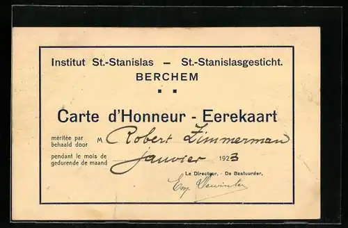 Vertreterkarte Berchem, Carte d_Honneur - Eerekaart, Institut St.-Stanislas, Rückseite Le Charbonnage - De Koolmijn