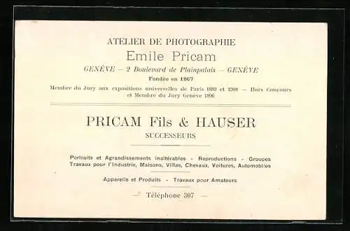 Vertreterkarte Geneve, Atelier de Photographie, Emil Pricam, Pricam Fils & Hauser, 2 Boulevard de Plainpalais