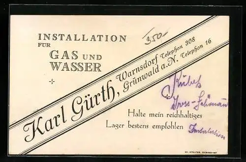 Vertreterkarte Warnsdorf, Installation für Gas und Wasser, Karl Gürth, Rückseite blick in eine Badezimmer