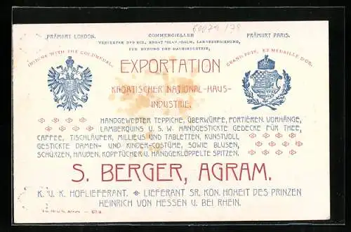 Vertreterkarte Agram / Zagreb, Exportation Kroatischer National-Haus-Industrie, S. Berger, K.u.K. Hofliferant, Tracht
