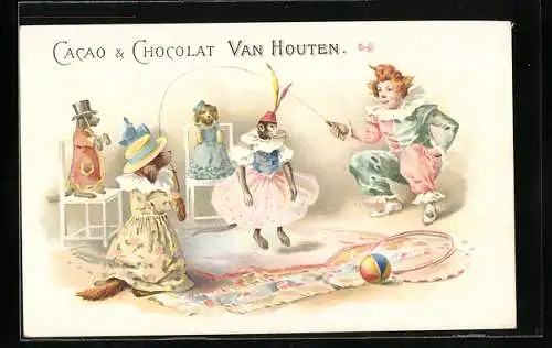 Vertreterkarte Amsterdam, Cacao & Chocolat Van Houten, Clown spielt mit Hunden und Afffen