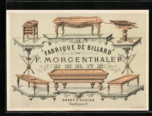 Vertreterkarte Berne, Fabrique de Billard, F. Morgenthaler, Depot Zurick Napfgasse 6