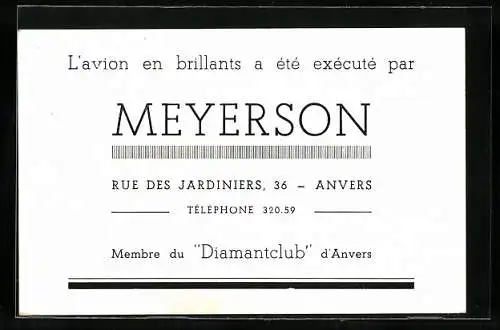 Vertreterkarte Anvers, L`avion en brillants a été exssecuté par Meyerson, Rue des Jardiniers 36