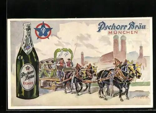 Vertreterkarte München, Pschorr Bräu, Bierkutsche, Flasche Pschorr Brau Export