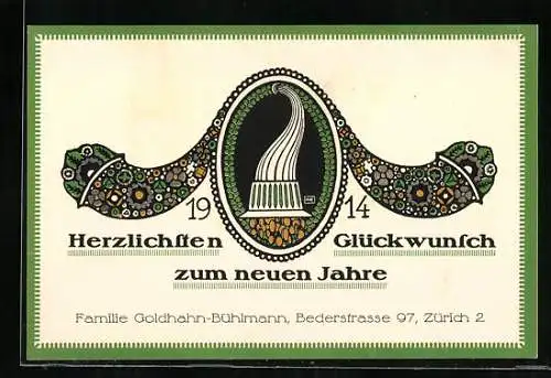 Vertreterkarte Zürich, Familie Goldhahn-Bühlmann, Bederstra. 97, Glückwunsch zum neuen Jahr 1914