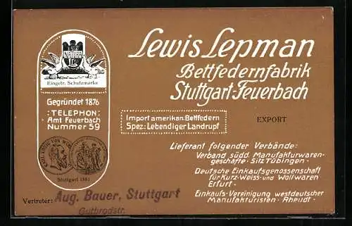 Vertreterkarte Stuttgart-Feuerbach, Bettfederfabrik, Lewis Lepman