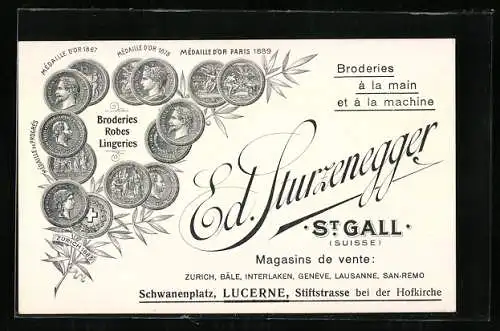 Vertreterkarte St. Gall, Ed. Sturzenegger, Broderies Riobes Lingeries, Medaillen