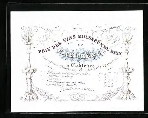Vertreterkarte Coblence, Prix des Vins Mousseux du Rhin de C. Tesche & Cie.