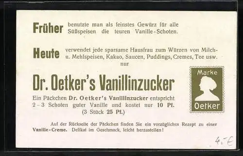 Vertreterkarte Bielelfeld, Dr. Oetker, Kopfkohl /Weisskraut), Rückseite Dr. Oetkers Vanillinzucker