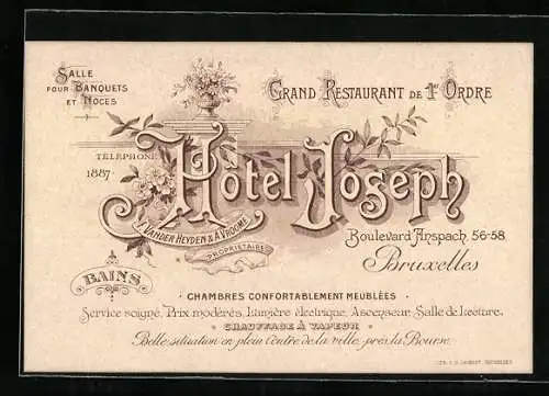 Vertreterkarte Bruxelles, Hotel Joseph, Boulevard Anspach 56-58