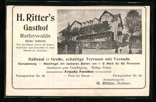 Vertreterkarte Rathewalde, Gasthof H. Ritter, Blick auf den Gasthof