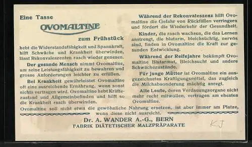 Vertreterkarte Bern, Dr. A. Wander A.G., Ovomaltine, mit Ovomaltine ist jede Mahlzeit ein Fest