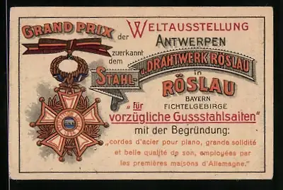 Vertreterkarte Röslau, Stahl- und Drahtwerk Röslau, Grand Prix Weltausstellung Antwerpen