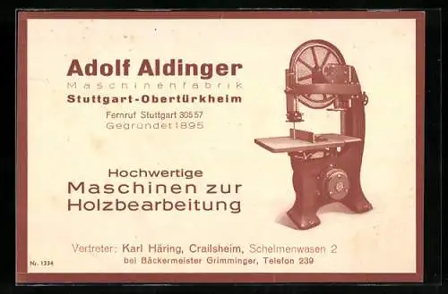 Vertreterkarte Stuttgart-Obertürkheim, Maschinenfabrik Adolf Aldinger, Vertreter: Karl Häring