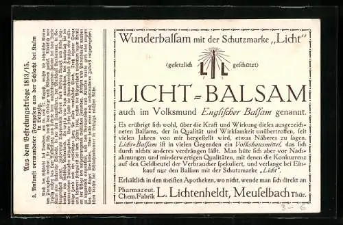 Vertreterkarte Meuselbach i. Th., Licht-Balsam, Wunderbalsam mit der Schutzmarke Licht