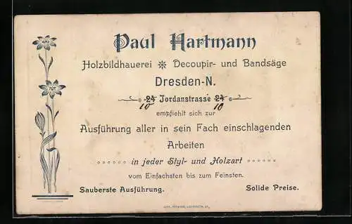 Vertreterkarte Dresden-Neustadt, Holzbildhauerei, Paul Hartmann, Jordanstrasse 10, Rückseite Porträt König von Sachsen