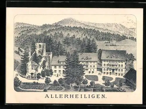 Vertreterkarte Allerheiligen, Hotel W. Mittenmaier, Blick auf das Hotel und die Ruine