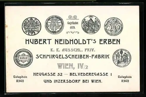 Vertreterkarte Wien, Schmirgelscheiben-Fabrik, Hubert Neidholdt`s Erben, Heugasse 52 - Belvederegasse 1