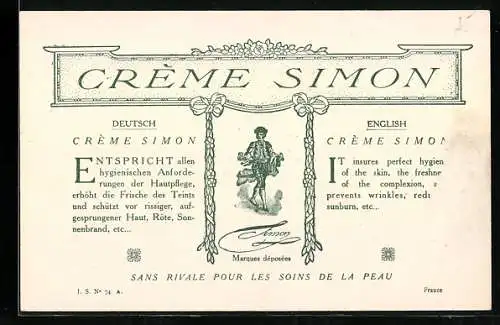 Vertreterkarte Créme Simon, Sans rivale pour les soins de la peau, Rückseite La Cigale