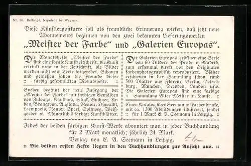 Vertreterkarte Leipzig, Künstlerpostkarten Verlag E. A. Seemann, Rückseite: Bellange Napoleon bei Wagram