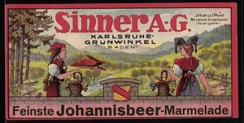 Vertreterkarte Karlsruhe-Grünwinkel, Sinner A.G., Feinste Johannesbeer-Marmelade, Tracht