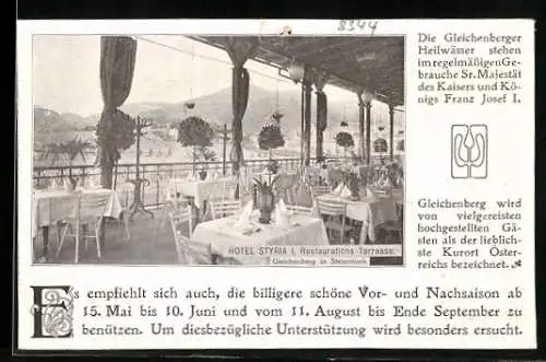Vertreterkarte Gleichenberg, Hotel Styria, Hotel Terrasse, Rückseite Blick auf Gleichenberg