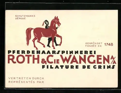 Vertreterkarte Wangen a. A., Pferdehaarspinnerei Roth & Cie., Filature de Crins