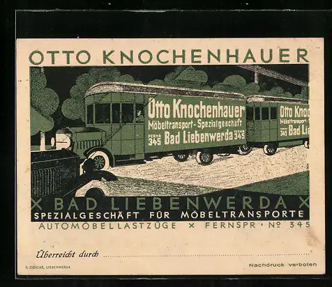 Vertreterkarte Bad Liebenwerda, Otto knochenhauer, Spezialgeschäft für Möbeltransporte, LKW mit Werbung