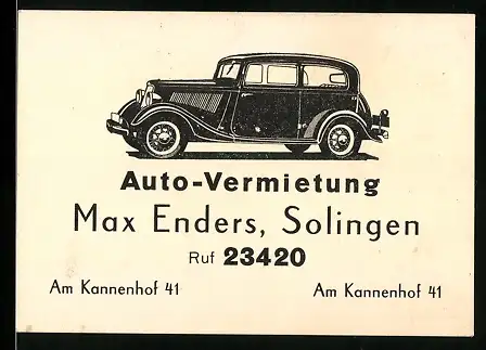Vertreterkarte Solingen, Auto-Vermietung, Max Enders, Am Kannenhof 41, Ruf 23420