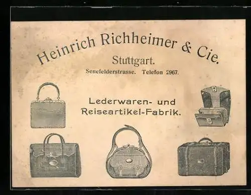 Vertreterkarte Stuttgart, Heinrich Richheimer & Cie., Lederwaren- und Reiseartikel-Fabrik, Senefelderstrasse