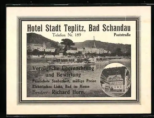 Vertreterkarte Bad Schandau, Hotel Stadt Teplitz, Inh. Richard Horn, Poststrasse