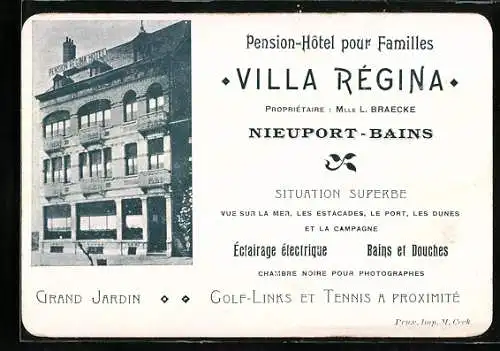 Vertreterkarte Nieuport-Bains, Pension-Hotel pour Familles Villa Regina, Inh. Mlle L. Braecke