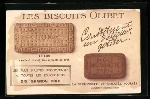 Vertreterkarte Paris, Les Biscuits Olibet, Le Lux, la Bretonnette Chocolatee Fourree