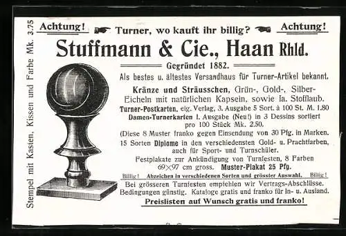Vertreterkarte Haan i. Rhld., Stuffmann & Cie., Versandhaus für Turner Artikel