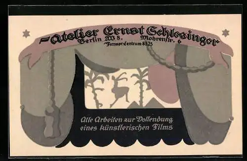 Vertreterkarte Berlin, Atelier Ernst Schlesinger, Mohrenstrasse 6, alle Arbeiten zur Vollendung eines küstlerischen Films
