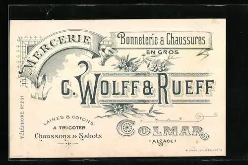 Vertreterkarte Colmar, Mercerie Bonneterie & Chaussures, G. Wolff & Rueff