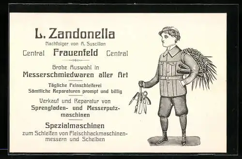 Vertreterkarte Frauenfeld, L. Zandonella, Messerschmiedwaren aller Art, Feinschleiferei
