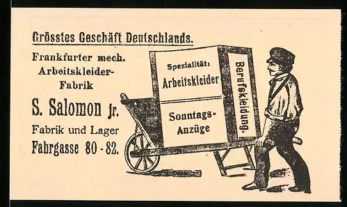Vertreterkarte Frankfurt / Main, Frankfurter mech. Arbeitskleider-Fabrik, S. Salomon jr., Fahrgasse 80-82