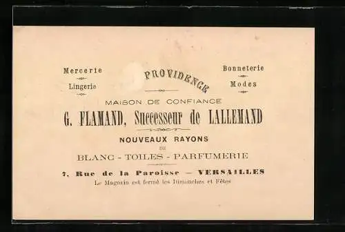 Vertreterkarte Versailles, Maison de Confiance, G. Flamand, Successuer de Lallemand, 7 Rue de la Paroisse