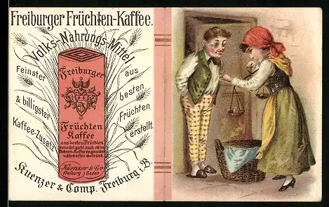 Vertreterkarte Freiburg i. B., Freiburger Früchten-Kaffee, Volks-Nahrungs-Mittel, Das tapfere Schneiderlein