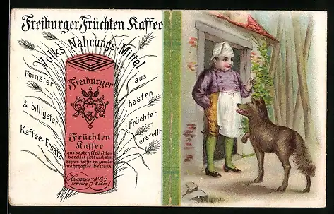 Vertreterkarte Freiburg i. B., Freiburger Früchten-Kaffee, Volks-Nahrungs-Mittel, Der Wolf und die sieben Geislein