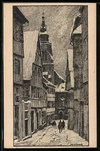 Künstler-AK Ubbelohde: Tübingen, Stiftskirche von der Münzgasse aus, Winteransicht